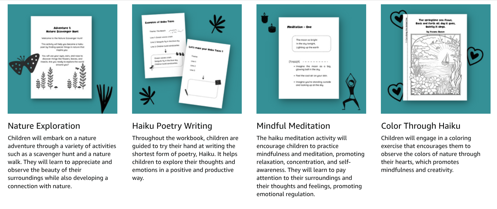 screenshot of Amazon book page showing 4 key activities: exploration, writing, meditation, coloring