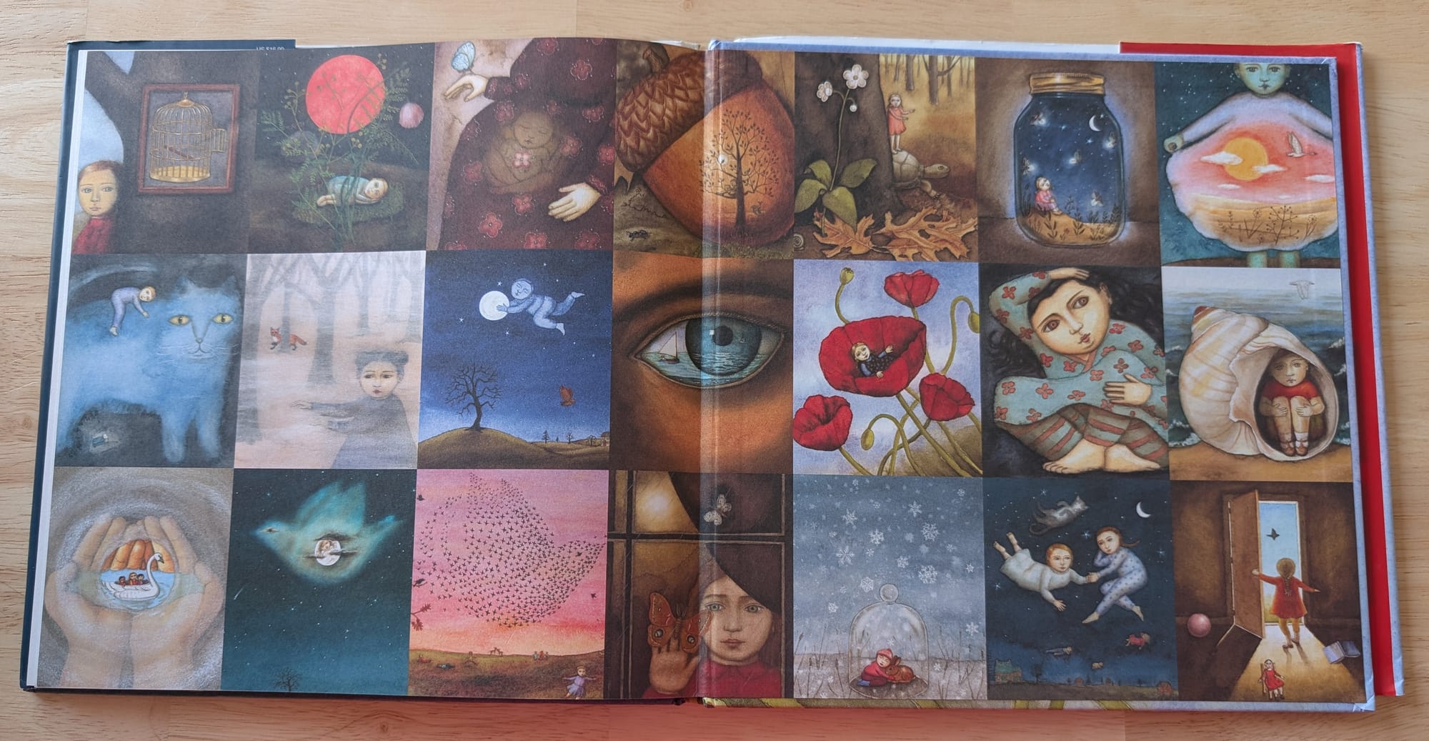 book endpapers showing 21 colorful dream-like illustrations
