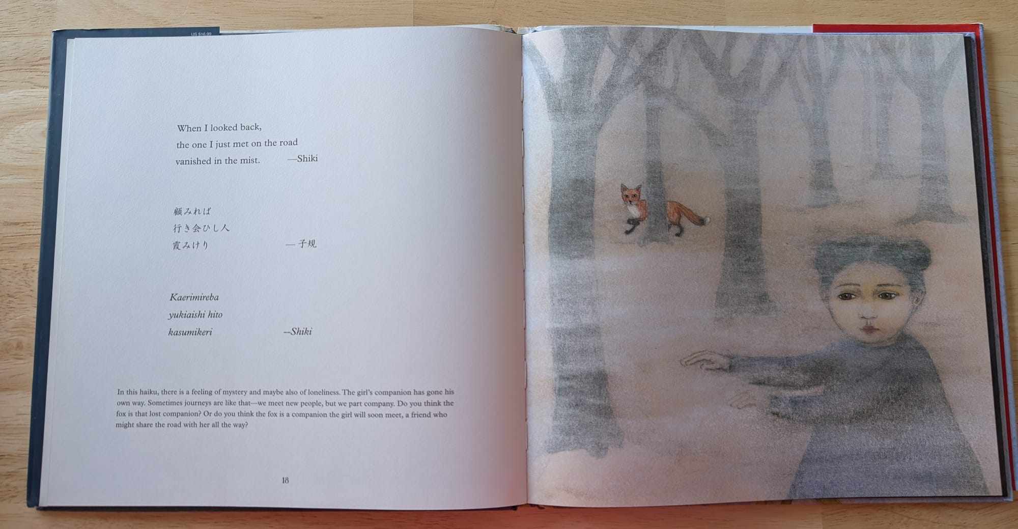 a painting of a young girl in a misty forest, with a fox behind one of the trees
