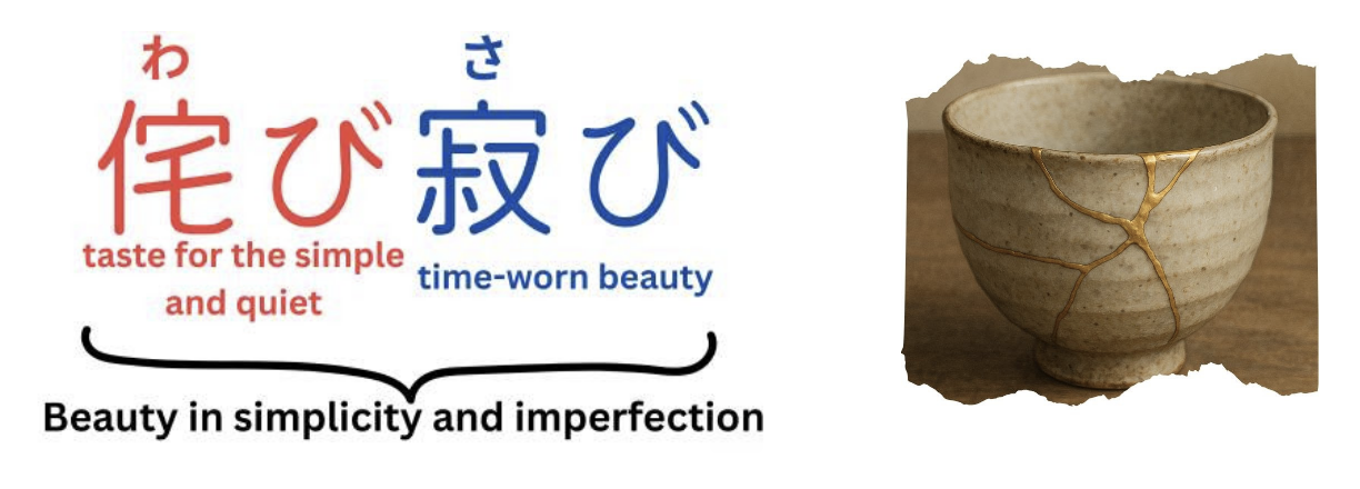 Japanese text: beauty in simplicity and perfection; picture of a cracked and repaired tea bowl
