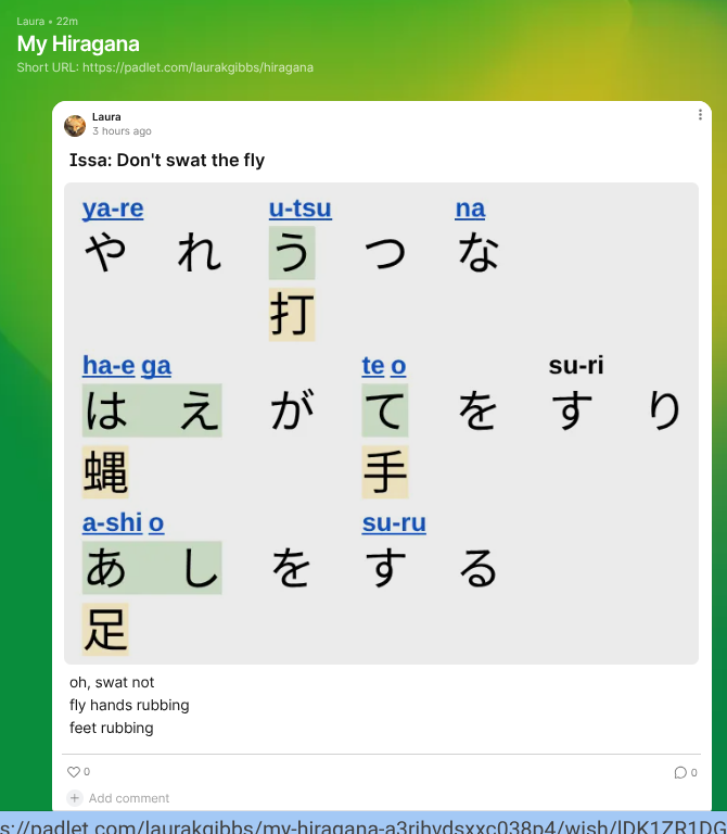 screenshot of Issa's poem in hiragana, with kanji, and romanized