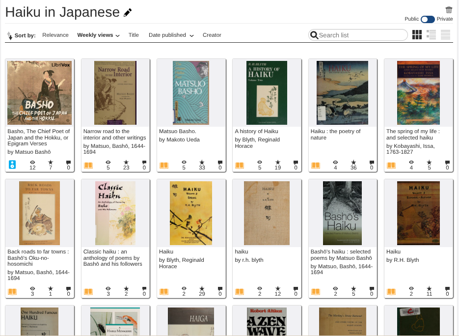 screenshot of Internet Archive bookshelf with Japanese Haiku Texts