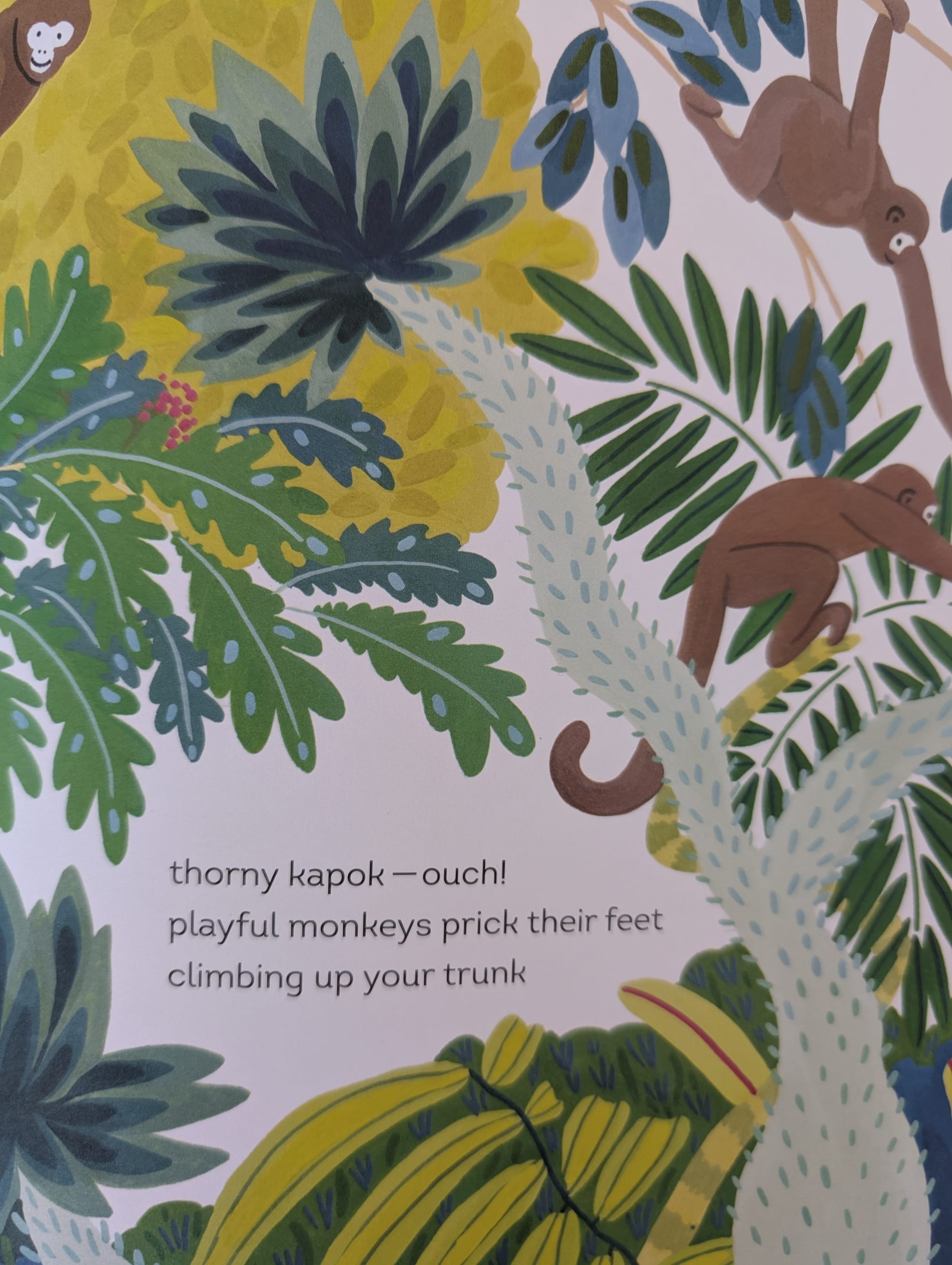 painting of jungle forest scene with monkeys climbing up a thorny tree trunk