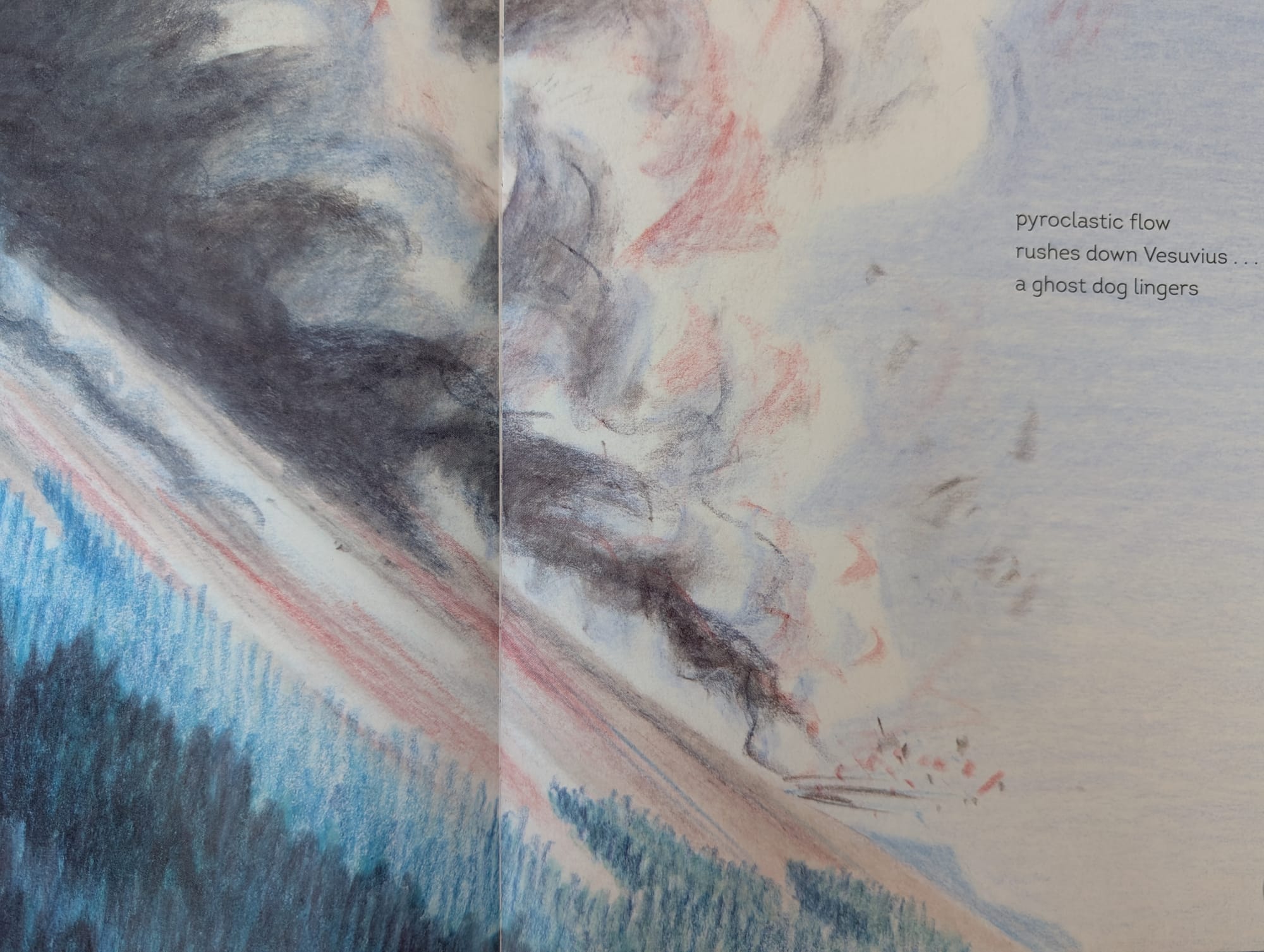 painting that shows lava rushing down a forested mountainside with text of the poem